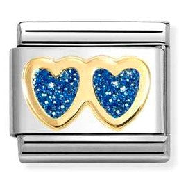 030220/11 Classic GLITTER,steel, enamel, 18k gold Double BLUE Heart