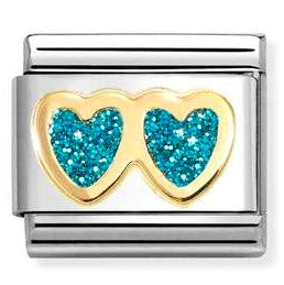 030220/12 Classic GLITTER,steel,enamel,18k gold Double Heart LIGHT BLUE