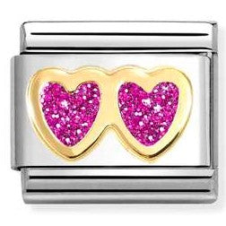 030220/13 Classic GLITTER , steel, enamel,18k gold FUCHSIA Double Heart