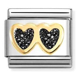 030220/14 Classic GLITTER, steel, enamel, 18k gold Double Heart BLACK