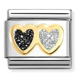 030220/15 Classic GLITTER SYMBOLS in steel, enamel and 18k gold Double Heart BLACK and SILVER