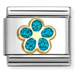 030220/16 Classic GLITTER,steel, enamel, 18k gold LIGHT BLUE flower