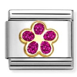 030220/17 Classic GLITTER, steel, enamel, 18k gold FUCHSIA flower