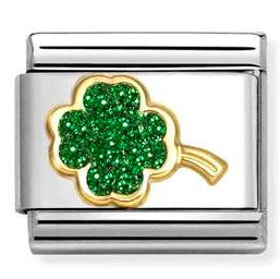 030220/18 Classic GLITTER, steel, enamel,18k gold GREEN four-leaf clover