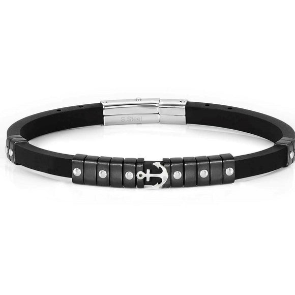CITY bracelet,steel,rubber fin. BLACK Anchor 028814/002