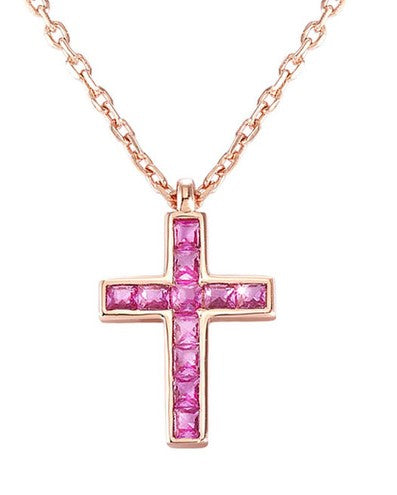 CARISMATICA necklace  925 sterling silver  cz (LARGE CROSS) PINK fin. Pink gold