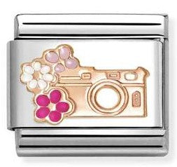 430202/31 Classic  steel, enamel, 9k rose gold Camera with flowers