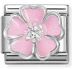 330321/14 Classic S/Steel, enamel, CZ, 925 sterling silver WHITE pink peach blossom