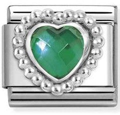 330605/004 Classic FACETED STONES, steel, 925  silver HEART with DOTS RICH SETTING GREEN