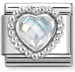 330606/010 Classic FACETED CZ, steel,925  silver HEART with DOTS RICH SETTING White