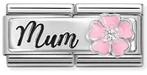 330734/18 DOUBLE Classic DETAILED steel, enamel, cz 925 sterling silver Mum with flower