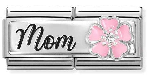 330734/20 DOUBLE Classic DETAILED steel, enamel, cz  925 sterling silver Mom with flower