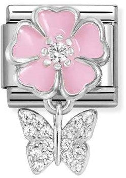 331814/02 Classic CHARMS steel, 925  silver, enamel, cz Pink flower with butterfly