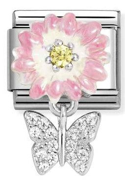 331814/08 Classic CHARMS steel, 925 silver, enamel, cz Pink daisy with butterfly