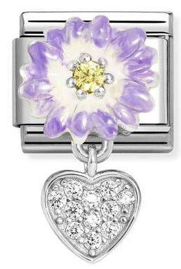 331814/10 Classic CHARMS steel, 925 silver, enamel cz Lilac daisy with heart