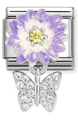331814/11 Classic CHARMS steel, 925 silver, enamel, cz Lilac daisy with butterfly