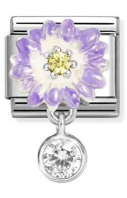 331814/12 Classic CHARMS steel, 925 silver, enamel , cz Lilac daisy with roundel