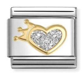 030220/24 Classic GLITTER SYMBOLS in steel, enamel and 18k gold SILVER heart with crown