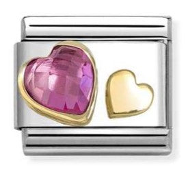 030613/09 Classic FACETED CZ with SYMBOLS in steel, 18k gold DARK PINK  double heart