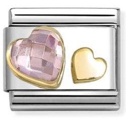030613/06 Classic C.Z. FACETED, SYMBOLS steel, 750 gold PINK  DOUBLE heart