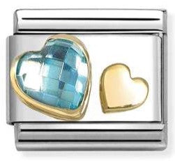 030613/07 Classic C.Z. FACETED with SYMBOLS steel, 750 gold LIGHT BLUE  DOUBLE HEARTS
