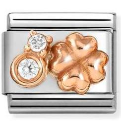 430305/52 Classic ,S/steel, 9k rose gold, CZ WHITE rounded four-leaf clover