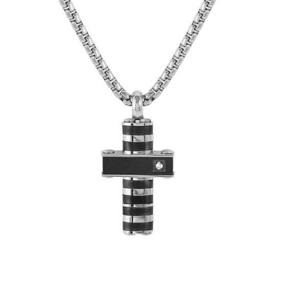 STRONG necklace ed. DIAMOND, steel (CROSS) and 1 diamond WHITE fin. Steel and Black