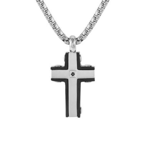 STRONG necklace ed. DIAMOND, satin steel, fin. PVD (CROSS) and 1 diamond BLACK
