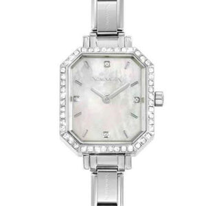 PARIS watch with steel strap and RECTANGULAR cz WHITE mother-of-pearl
