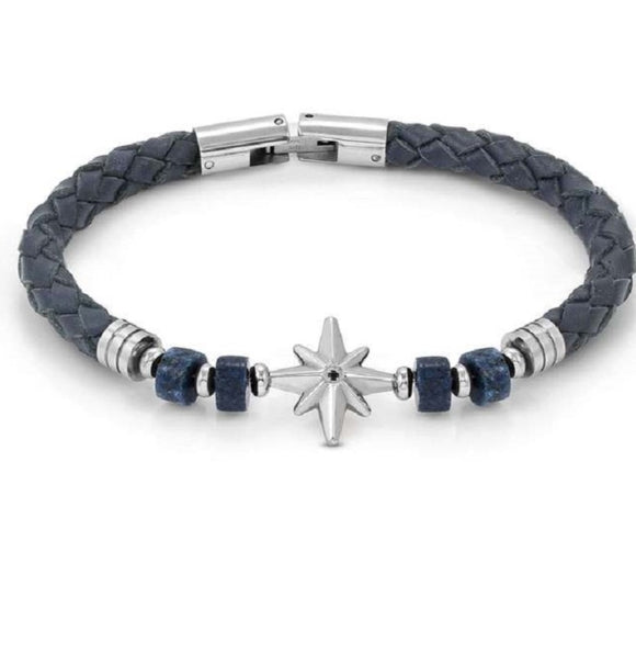 ATLANTE Stones Edition bracelet in steel, leather and natural stones Wind rose-Sodalite