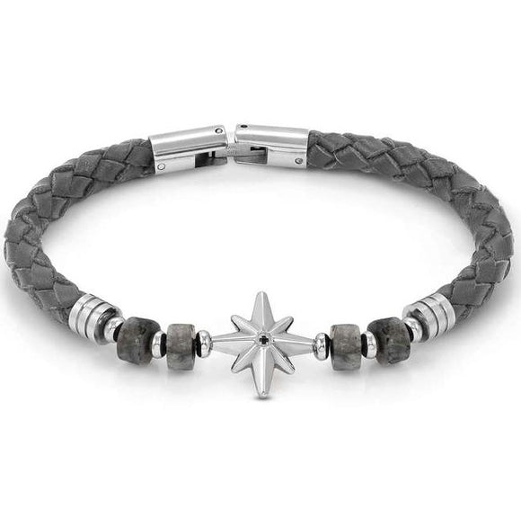 ATLANTE Stones Edition bracelet in steel, leather and natural stones Wind rose-Grey Jasper