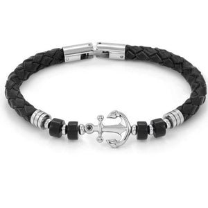 ATLANTE Stones Edition bracelet in steel, leather and natural stones Anchor-Agate Black