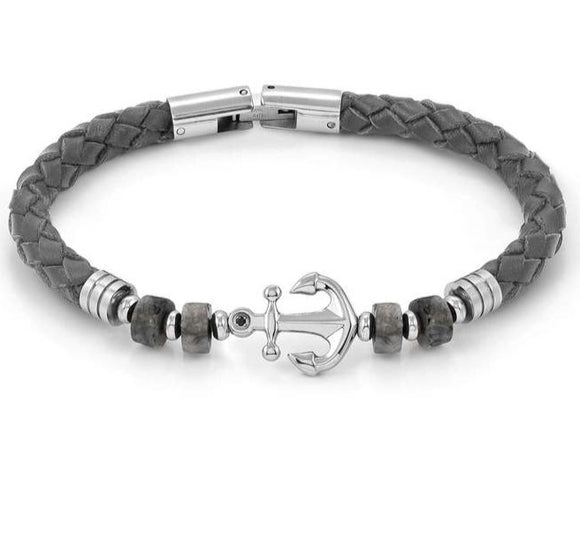 ATLANTE Stones Edition bracelet in steel, leather and natural stones Anchor-Gray Jasper