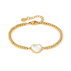 EMOSFERE bracelet in steel with fin. YELLOW GOLD and mother of pearl White heart