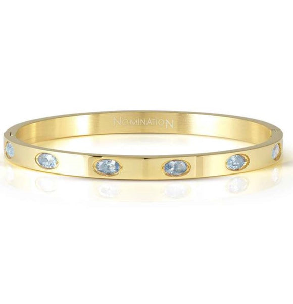 PRETTY BANGLES New Edition bracelet in steel and 6 oval cz (SMALL SIZE) lLIGHT BLUE fin. Yellow gold