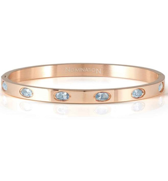 PRETTY BANGLES New Edition bracelet in steel and 6 oval cz (MEDIUM SIZE) LIGHT BLUE Rose Gold finish