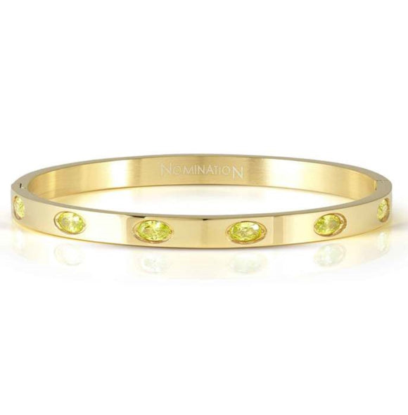 PRETTY BANGLES New Edition bracelet in steel and 6 oval cz (LARGE SIZE) GREEN Yellow Gold finish
