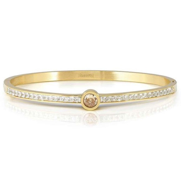 PRETTY BANGLES New Edition bracelet in steel, CENTRAL cz and PAVE' (LARGE SIZE) CHAMPAGNE Yellow Gold