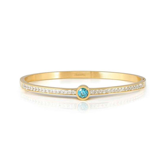 PRETTY BANGLES New Edition bracelet in steel, CENTRAL cz and PAVE' (MEDIUM SIZE) lLIGHT BLUE fin. Yellow gold
