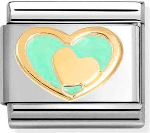 030283/29 Classic S/steel, enamel & 18k gold Green Heart with Gold Heart