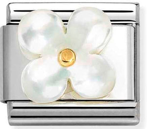 030521/02 Classic STONE, steel & 750 gold Flower WHITE MOTHER OF PEARL