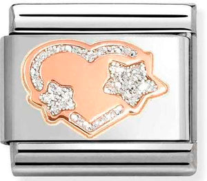 430202/42 Classic steel, enamel & 9k rose gold Silver glitter star heart