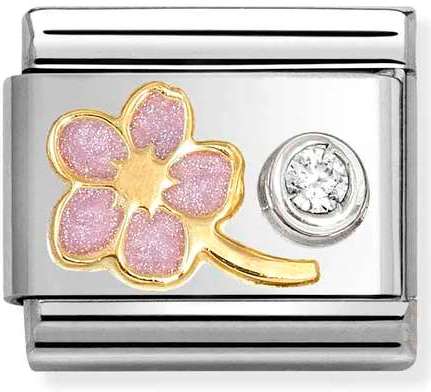 630302/08 Classic  steel, enamel, 750 gold, 925 silver, CZ Myosotis PINK cz WHITE