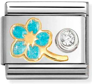 630302/09 Classic steel, enamel, 750 gold, 925 silver, CZ forget me not LIGHT BLUE cz White