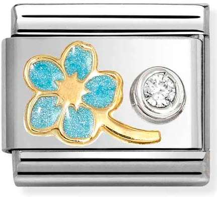 630302/09 Classic steel, enamel, 750 gold, 925 silver, CZ forget me not LIGHT BLUE cz White