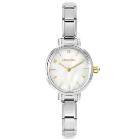 PARIS watch with steel strap and  OVAL hands with cz WHITE mother-of-pearl