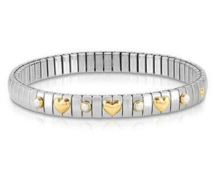 XTE Steel Bracelet & 3 x18ct Gold Hearts + 4 White Pearl (007)
