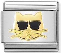 030272/44 Classic SYMBOLS steel,enamel & yellow gold Cat with glasses