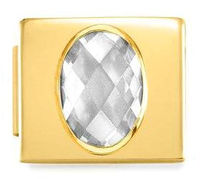 230606/01 Glam CZ FACETED, steel Fin, YELLOW GOLD White Oval