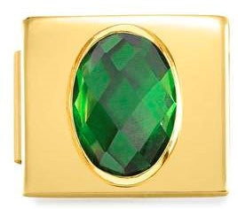 230606/03 Glam CZ FACETED,steel Fin, YELLOW GOLD Green Oval